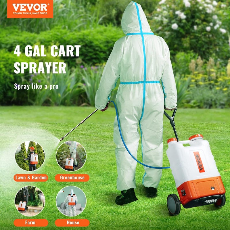 VEVOR 4 Gallon Battery Powered Backpack Sprayer with Wheeled Cart, Adjustable 0-94 PSI, 13FT Hose, 6 Nozzles, 2 Wands Included, Wide Mouth Lid for Weeding, Cleaning, Long Spray Time, White+Orange - Image 2